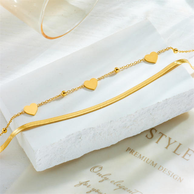 Two layer heart snake chain stainless steel anklet
