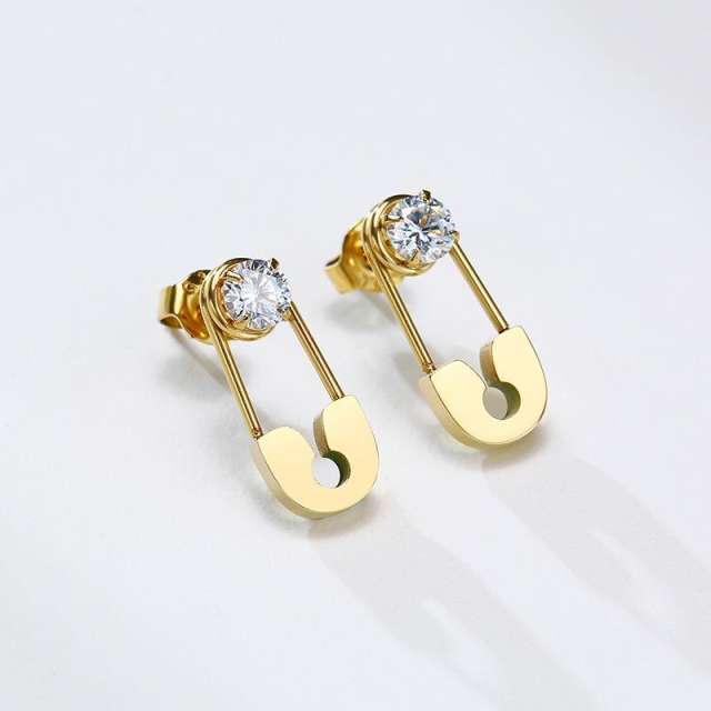 Hot sale paperclip cubic zircon setting stainless steel earrings