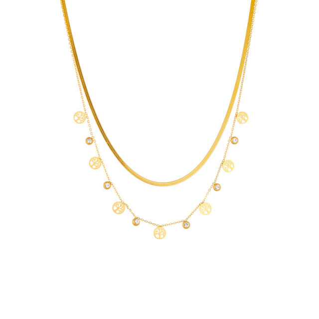 Dainty two layer hollow life tree evil eye cross stainless steel necklace