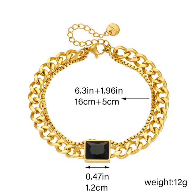 Hiphop black glass stone cuban link chain stainless steel bracelet