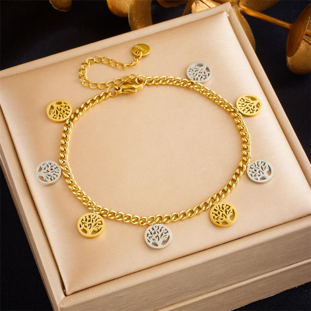 Occident fashion butterfly life tree charm stainless steel chain bracelet