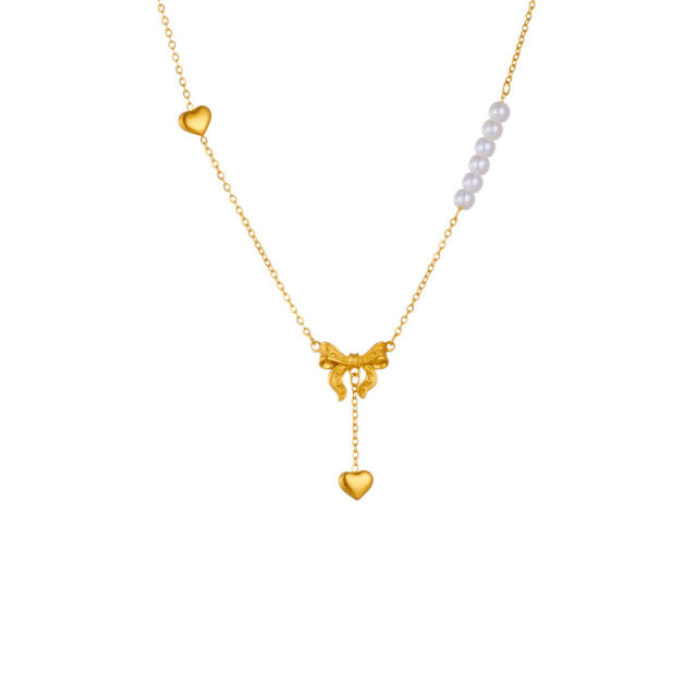 Dainty hot sale bow pearl bead stainless steel necklace