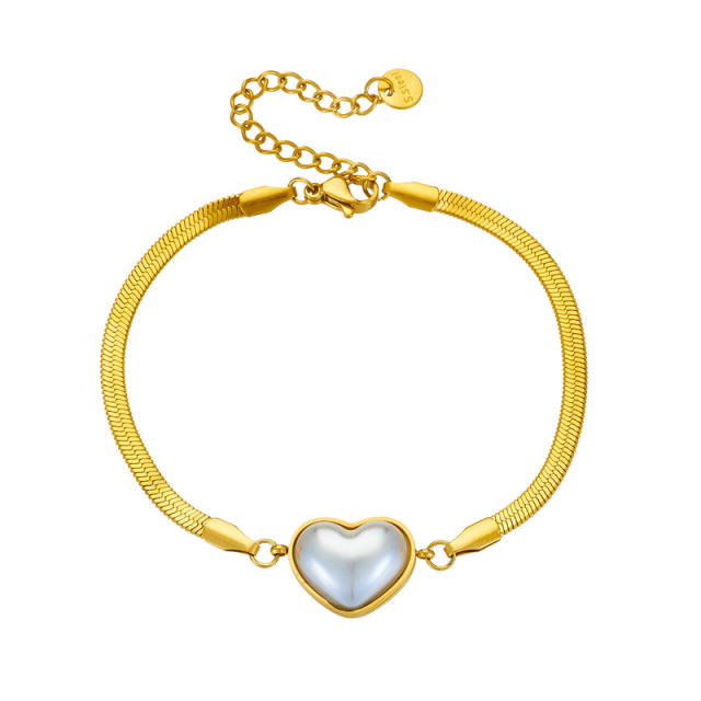 Elegant snake chain pearl heart stainless steel bracelet
