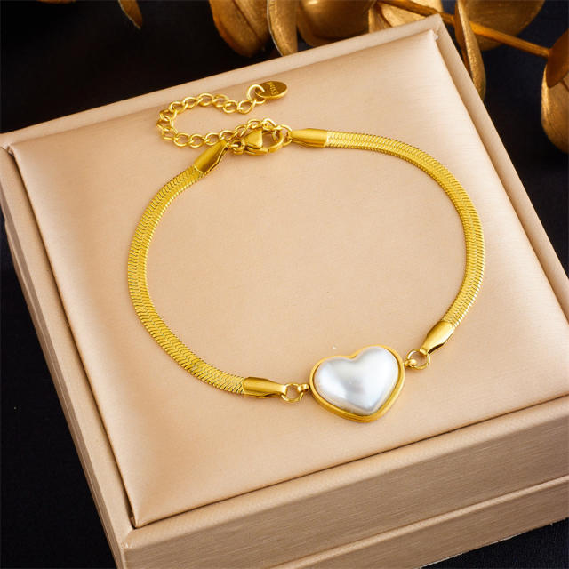 Elegant snake chain pearl heart stainless steel bracelet