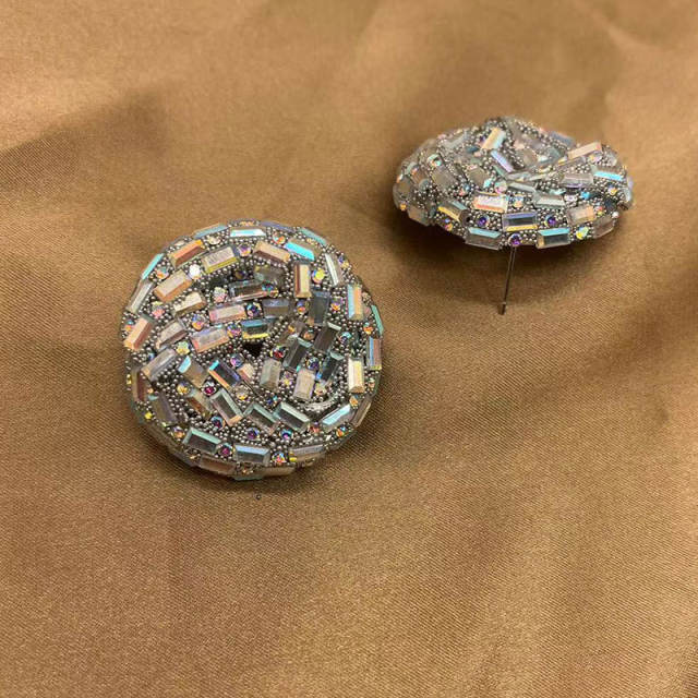 Luxury dark color glass crystal pave setting round shape studs earrings