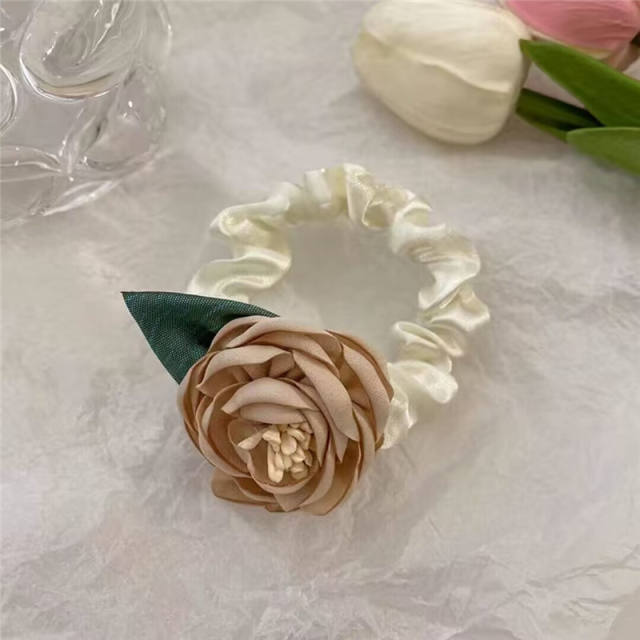 Spring rose flower fabric satin women scrunchies