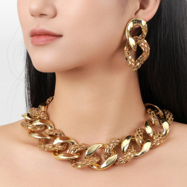 Chunky cuban link chain mix diamond necklace earrings set