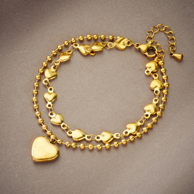 Korean fashion heart charm two layer stainless steel bracelet