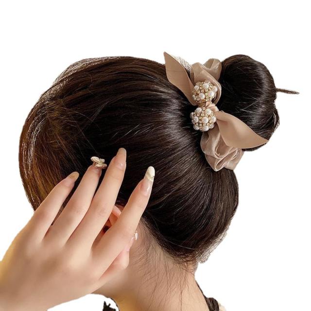 Korean fashion elegant pearl beaded bow satin scrunchies