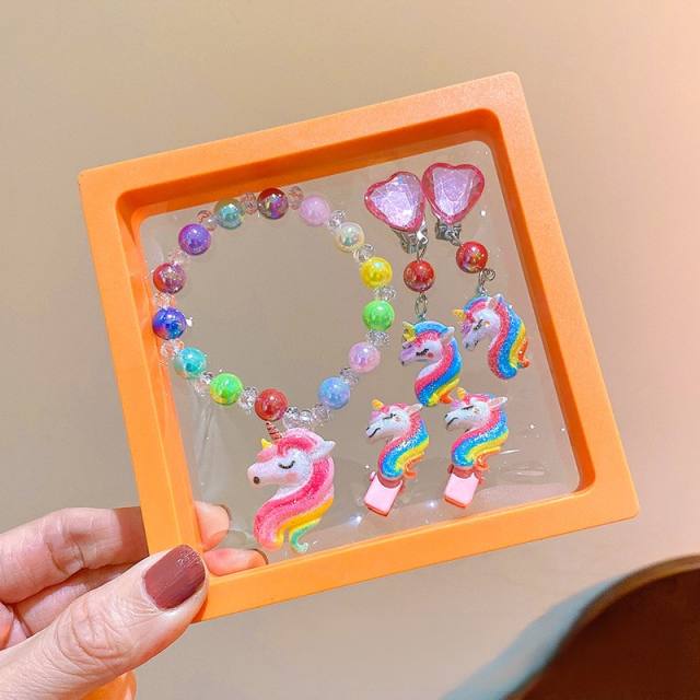 Cute unicorn colorful beaded jewelry bracelet set with display box