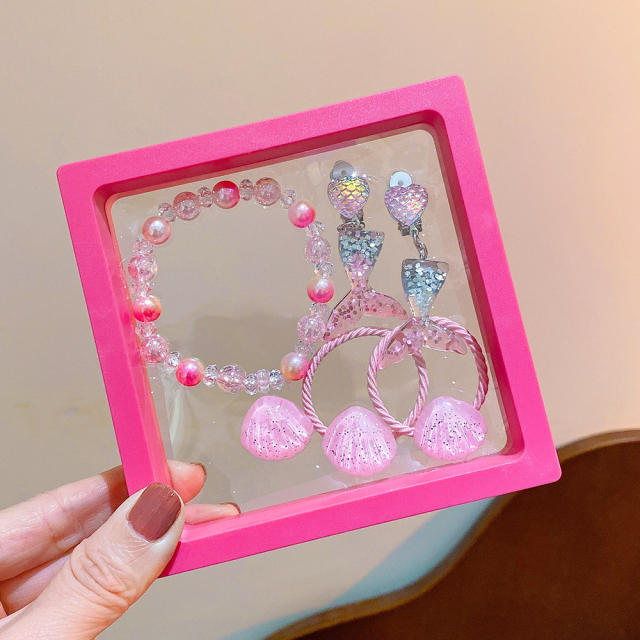 Cute unicorn mermaid hair ties bracelet earrings jewelry set with box for kids