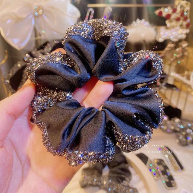 Korean fashion rhinestone satin black scrunchies