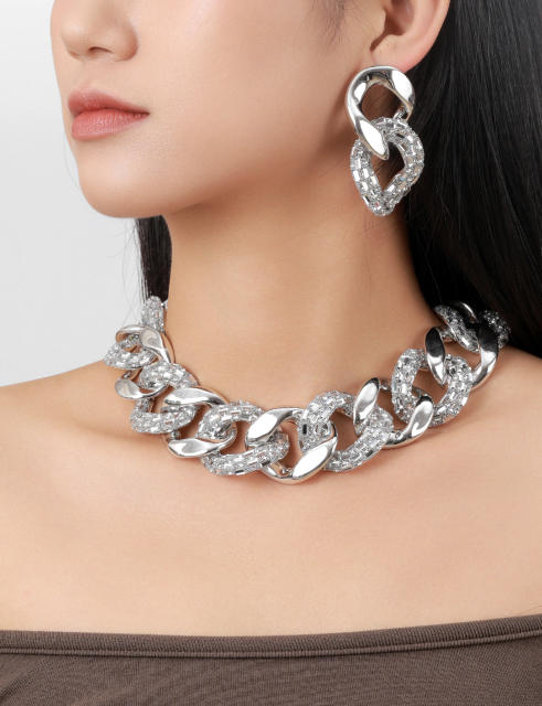 Chunky cuban link chain mix diamond necklace earrings set