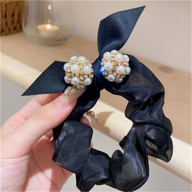 Korean fashion elegant pearl beaded bow satin scrunchies