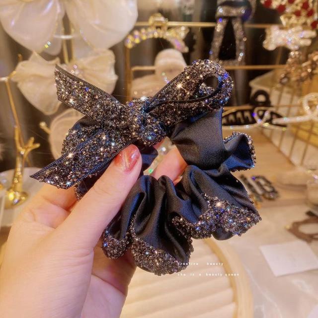Luxury diamond bow black satin scrunchies