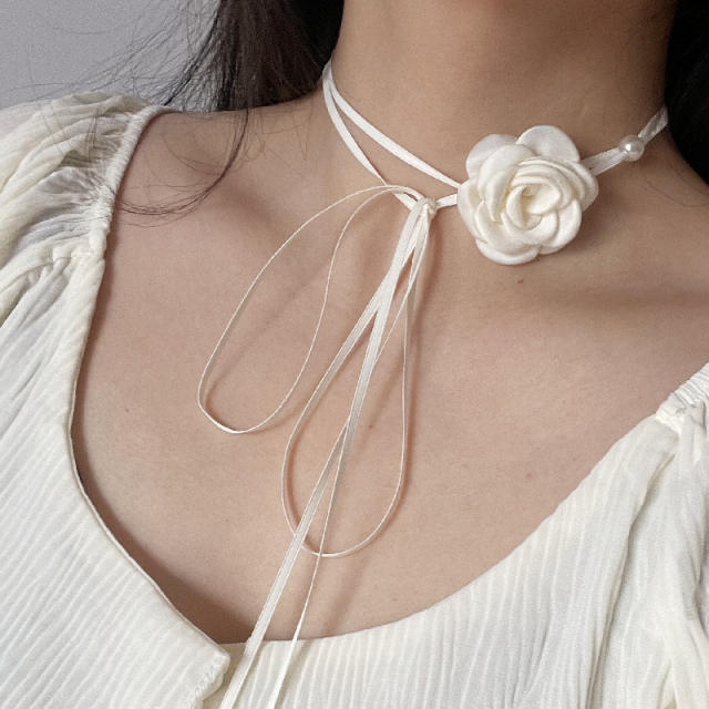 Vintage elegant fabric flower pearl bead women choker necklace strappy choker