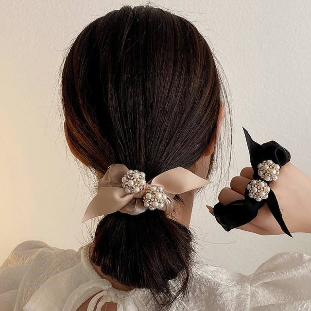 Korean fashion elegant pearl beaded bow satin scrunchies