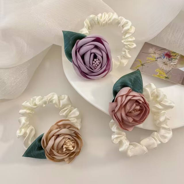 Spring rose flower fabric satin women scrunchies