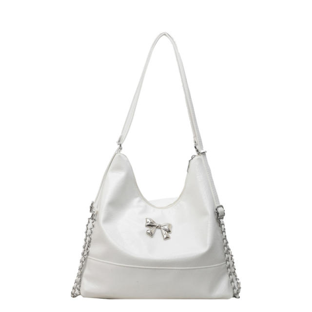 Large capacity PU leather silver bow women tote bag