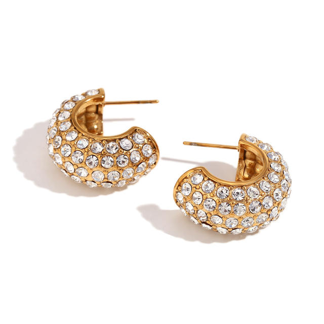18KG luxury pave setting rhinestone pearl chunky open hoop stainless steel earrings