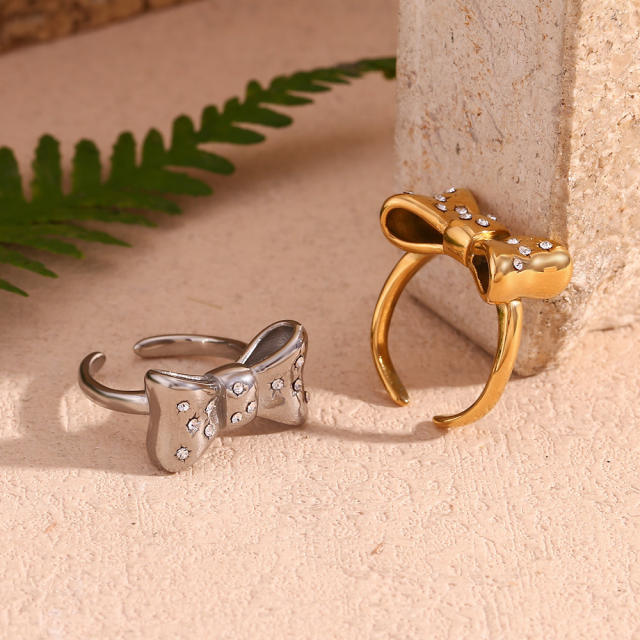 Cute diamond bow stainless steel adjustable rings