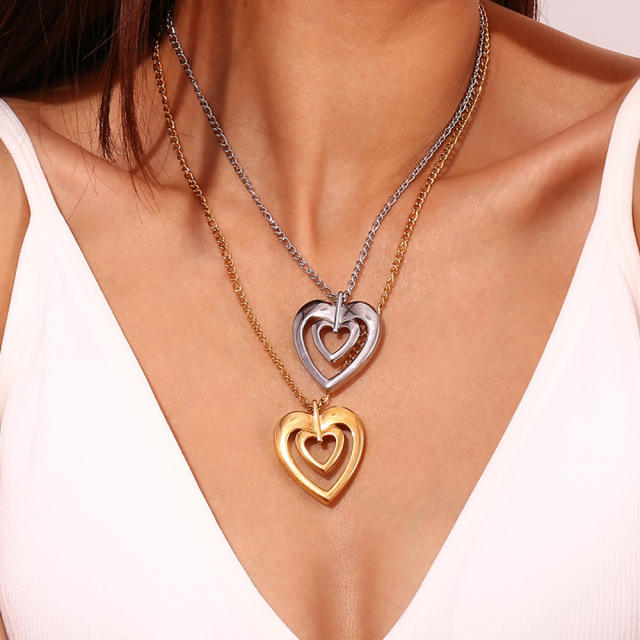 18KG hollow out heart pendant stainless steel necklace earrings set