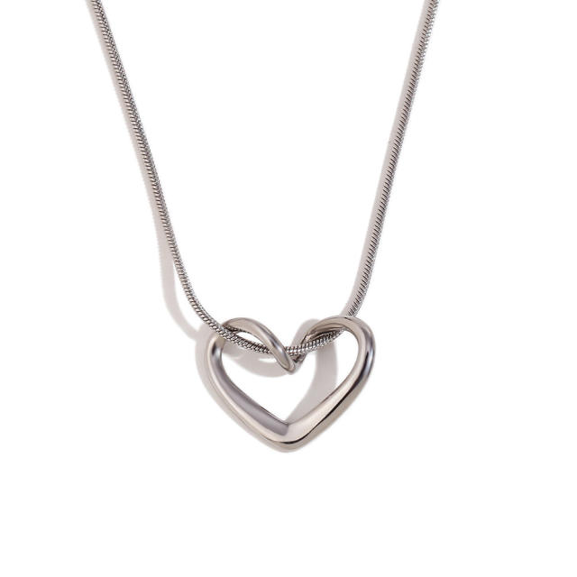 18KG hollow heart charm snake chain stainless steel dainty necklace