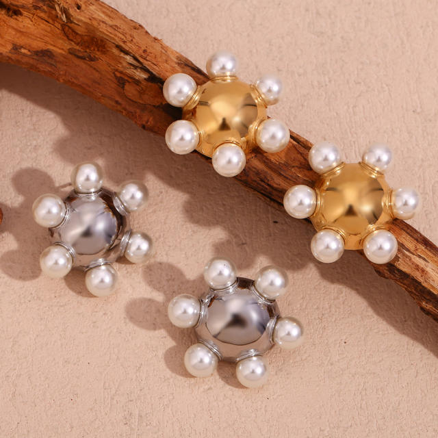 Chunky pearl beaded ball shape stainless steel earrings