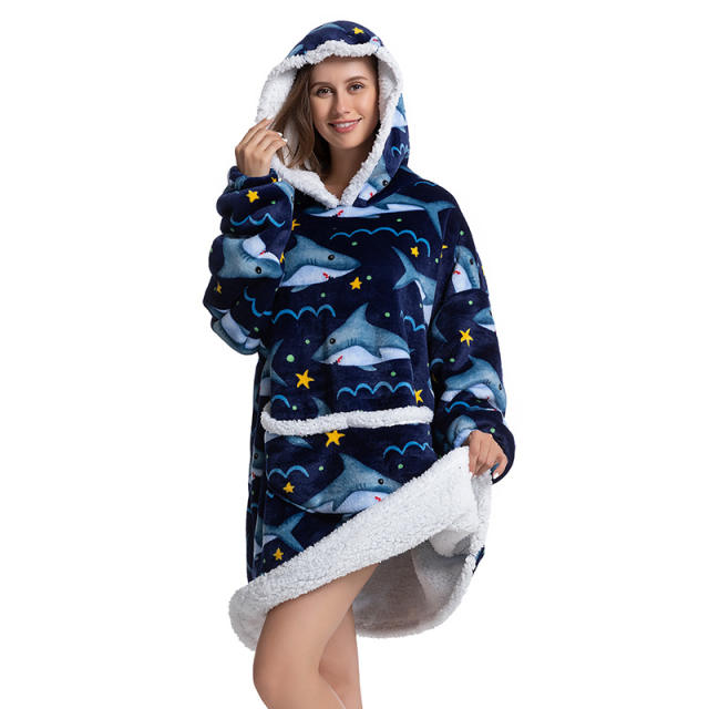 Lengthened and thickened flannel hooded pajamas blanket sweatshirt