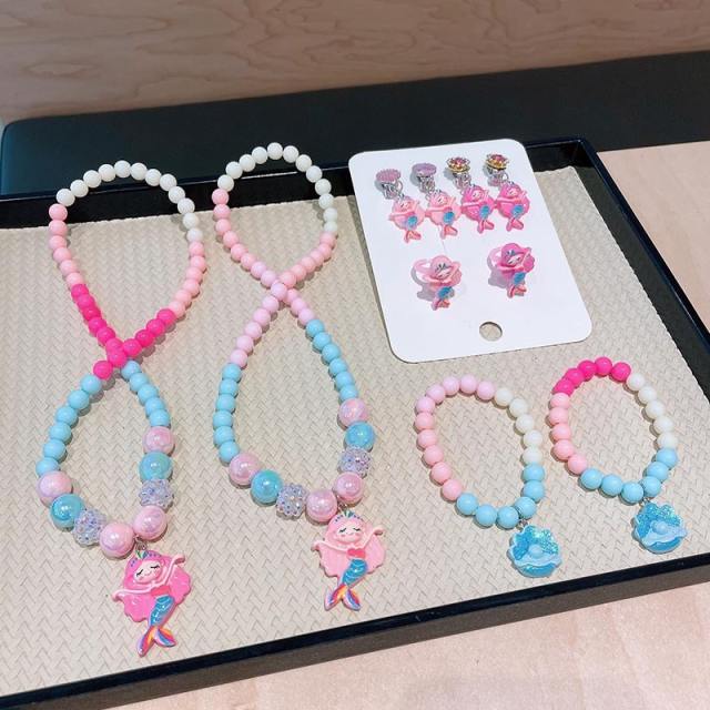 Candy color beaded mermaid charm necklace bracelet set for kids