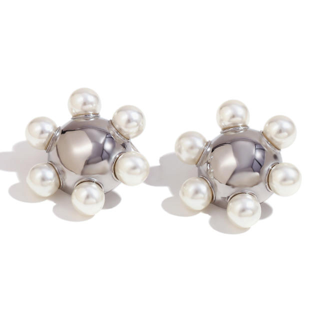 Chunky pearl beaded ball shape stainless steel earrings