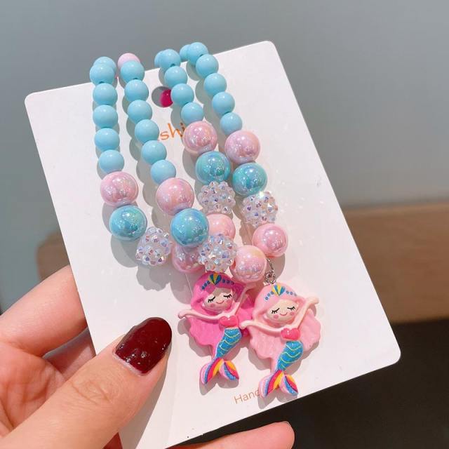 Candy color beaded mermaid charm necklace bracelet set for kids