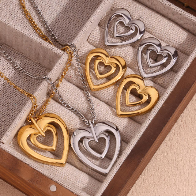 18KG hollow out heart pendant stainless steel necklace earrings set