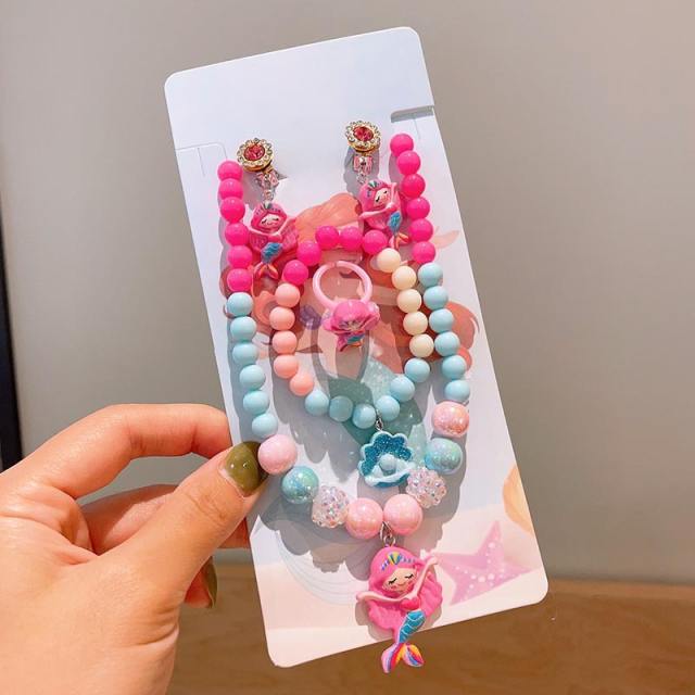 Candy color beaded mermaid charm necklace bracelet set for kids