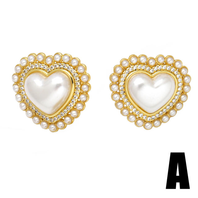 Elegant real gold plated copper pearl beaded heart studs earrings