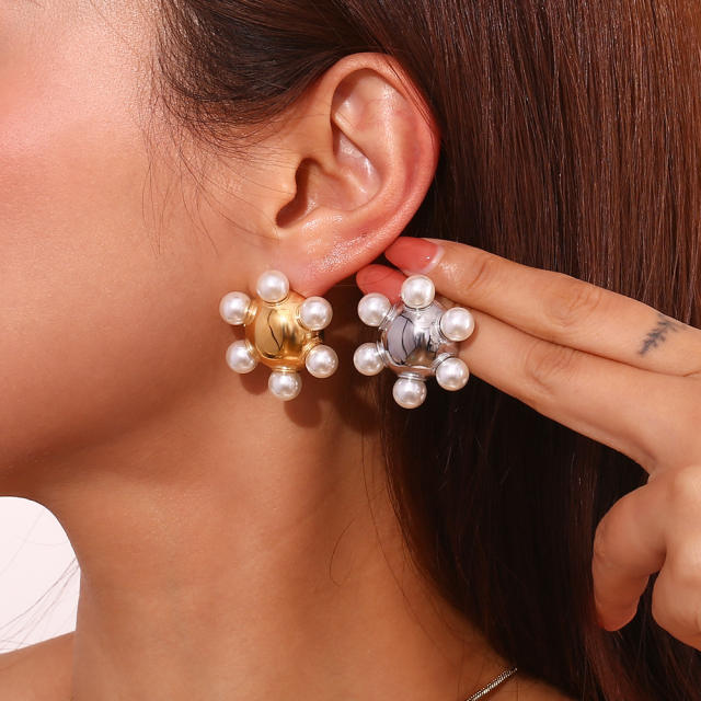 Chunky pearl beaded ball shape stainless steel earrings