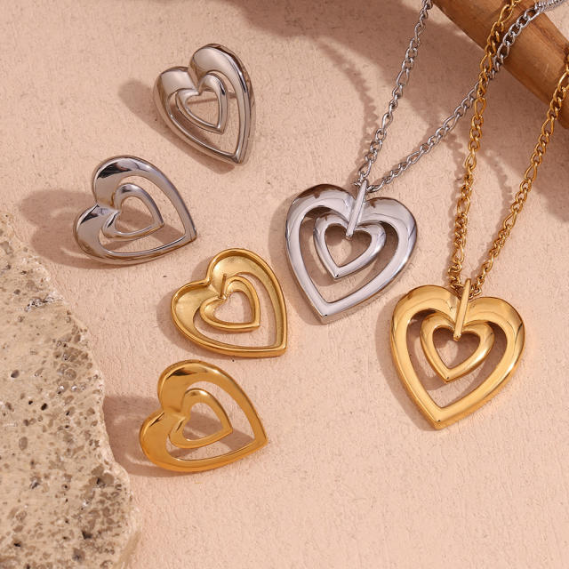 18KG hollow out heart pendant stainless steel necklace earrings set