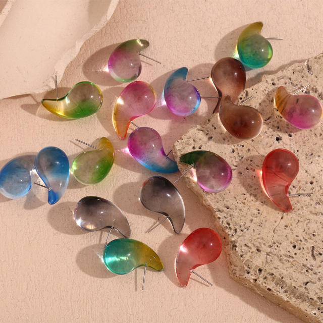 Hot sale clear resin colorful waterdrop stainless steel needle earrings