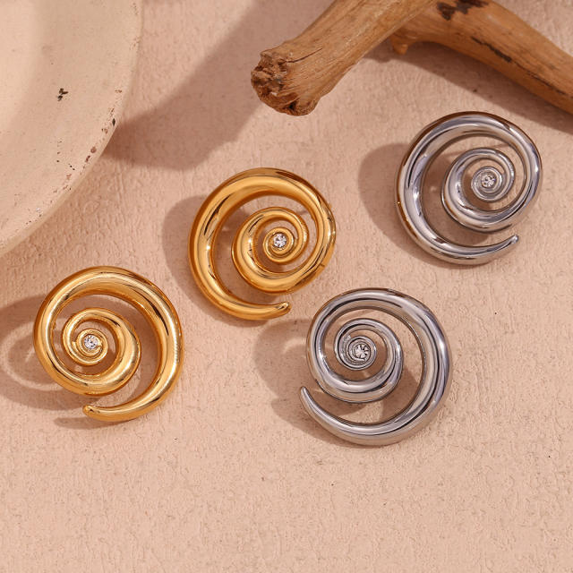 18KG unique sprial shape stainless steel studs earrings