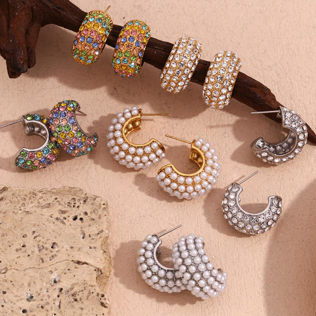 18KG luxury pave setting rhinestone pearl chunky open hoop stainless steel earrings