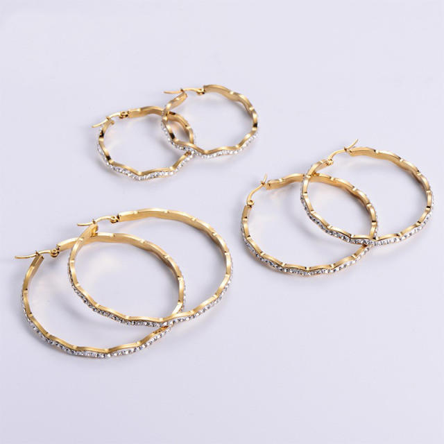 18KG wave shape diamond big hoop stainless steel earrings