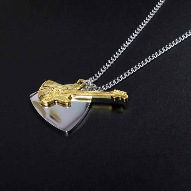 Hiphop guitar pick pendant dainty stainless steel necklace