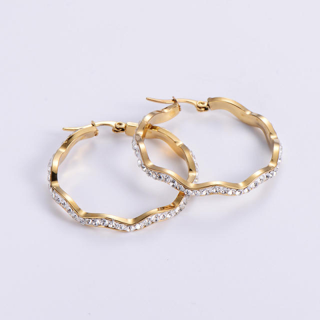 18KG wave shape diamond big hoop stainless steel earrings