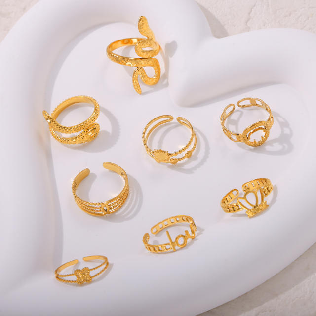 Vintage unique smile face snake geometric shape stainless steel finger rings collection