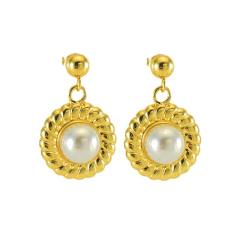 Elegant sunflower shape pearl stainless steel dangle earrings