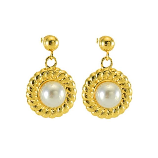Elegant sunflower shape pearl stainless steel dangle earrings