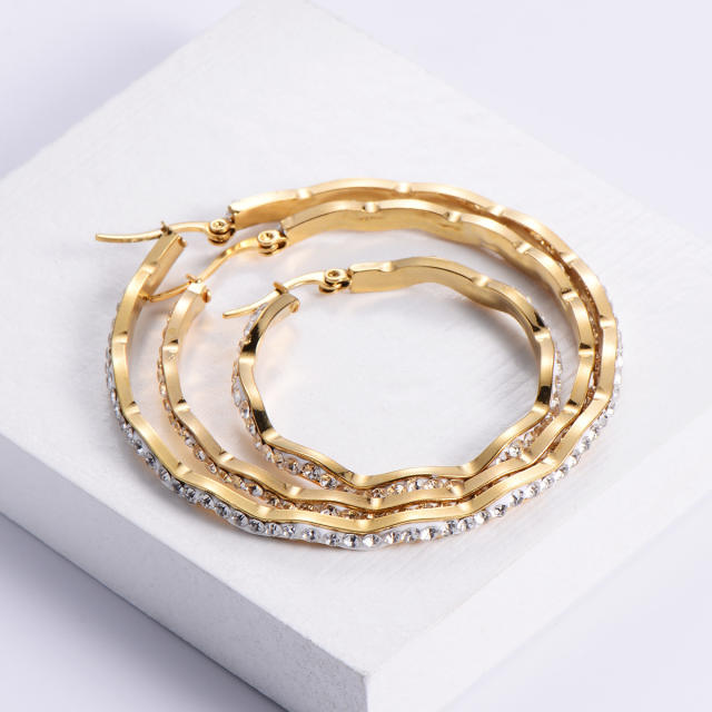 18KG wave shape diamond big hoop stainless steel earrings