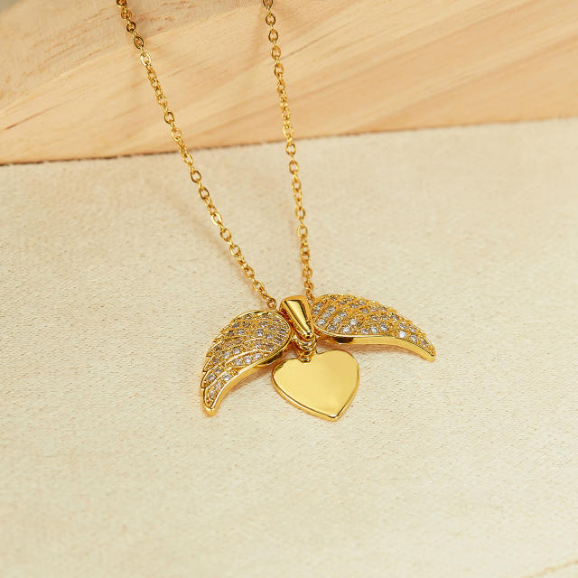 Delicate diamond wing locket pendant stainless steel chain necklace