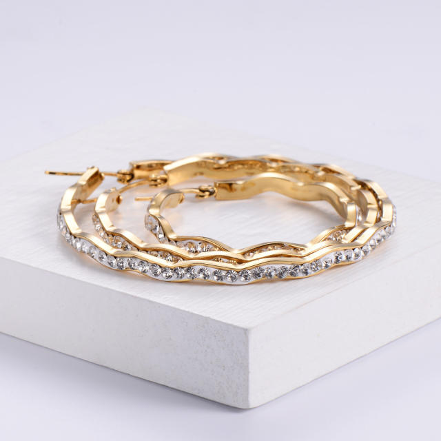 18KG wave shape diamond big hoop stainless steel earrings