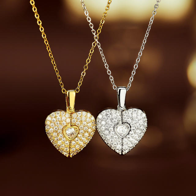 Dainty diamond heart locket pendant stainless steel chain necklace